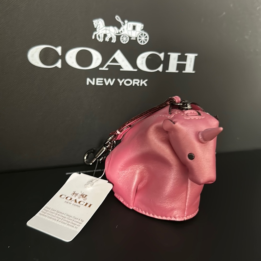 Coach Unicorn Metallic Pink keychain Bag Charm Coin Purse Stud Zipper NWT Leash - Picture 2 of 9